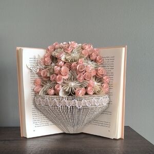 Handmade Floral Book Art with Pink and Cream Accents